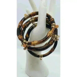 4 Pc Bamboo Bracelet 12k Gold Wire Wrapped Quartz Pearl Accents Bangle